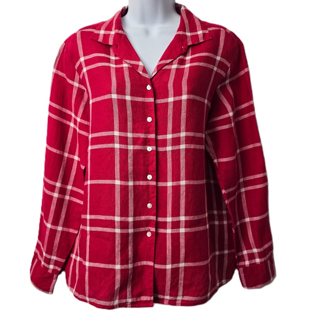 Talbots Irish Linen Top L XL 14P Button Front Window Pane Plaid Red Cruise Beach